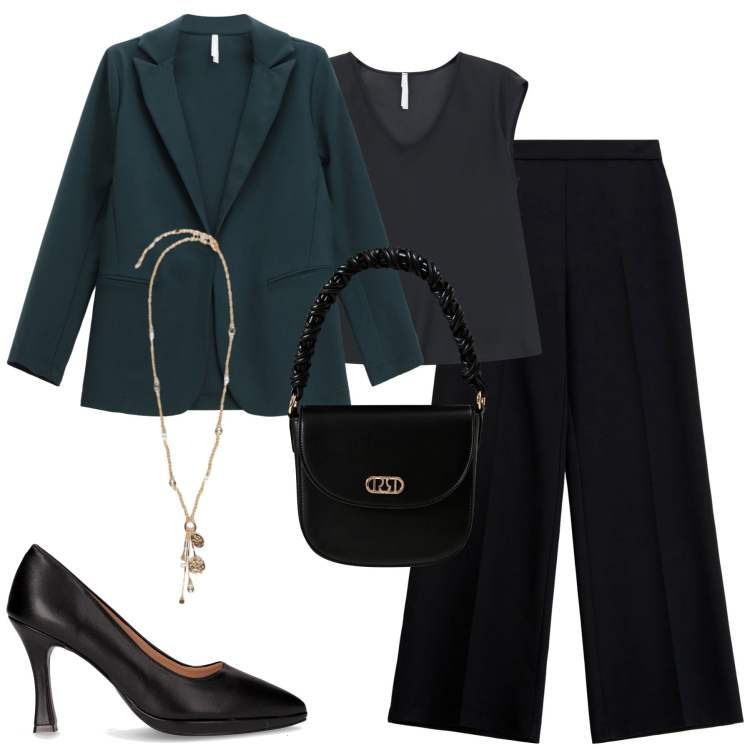 Outfit donna - Green forest e nero. Stile Urban per Tutti i giorni. Abbinamento con borse a mano, pantaloni, blazer, top, décolleté, ciondoli.