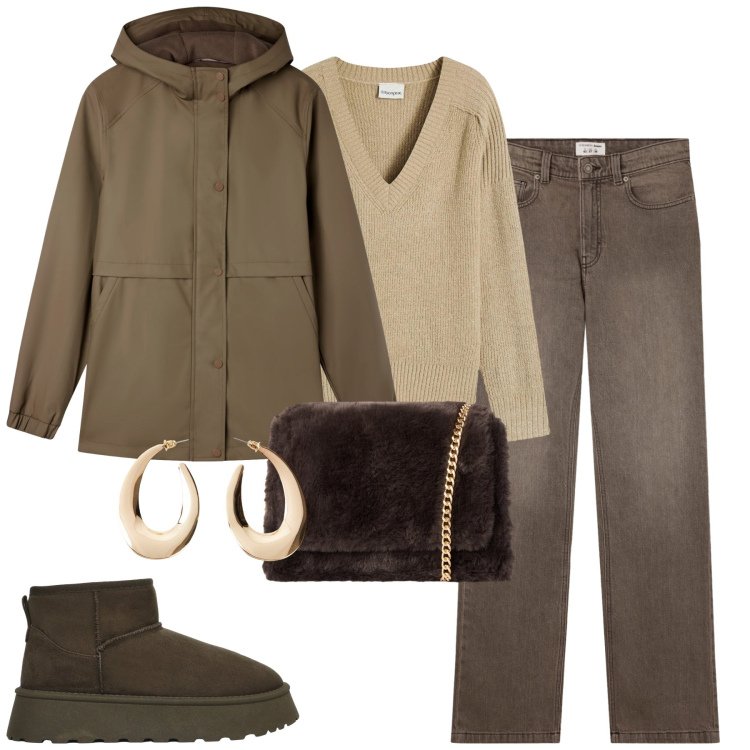 Outfit donna - City. Stile Basic per Tutti i giorni. Abbinamento con maglieria, orecchini, blazer, jeans bootcut, borse a tracolla, stivali.
