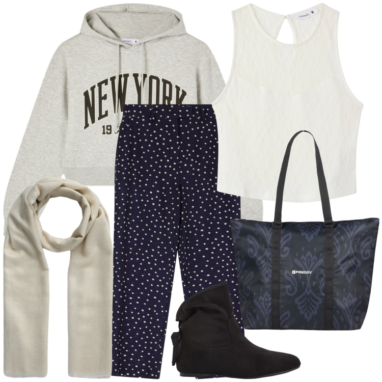Outfit donna - Un po’ preppy a New York. Stile Preppy per Tutti i giorni. Abbinamento con stivaletti, top, foulard, felpe con cappuccio, pantaloni, shopping bag.