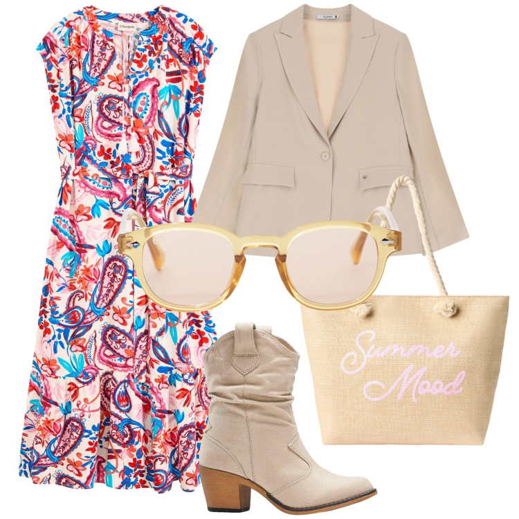 Outfit donna - In ufficio ricordando l estate. Stile Trendy per Ufficio. Abbinamento con stivaletti texani, vestiti chemisier, borse tote, occhiali da sole, blazer.