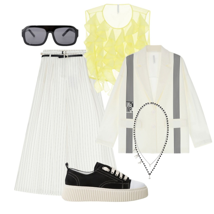Outfit donna - Per una donna dinamica. Stile Urban per Tutti i giorni. Abbinamento con blazer, sneakers, pantaloni a palazzo, occhiali da sole, top, collane.