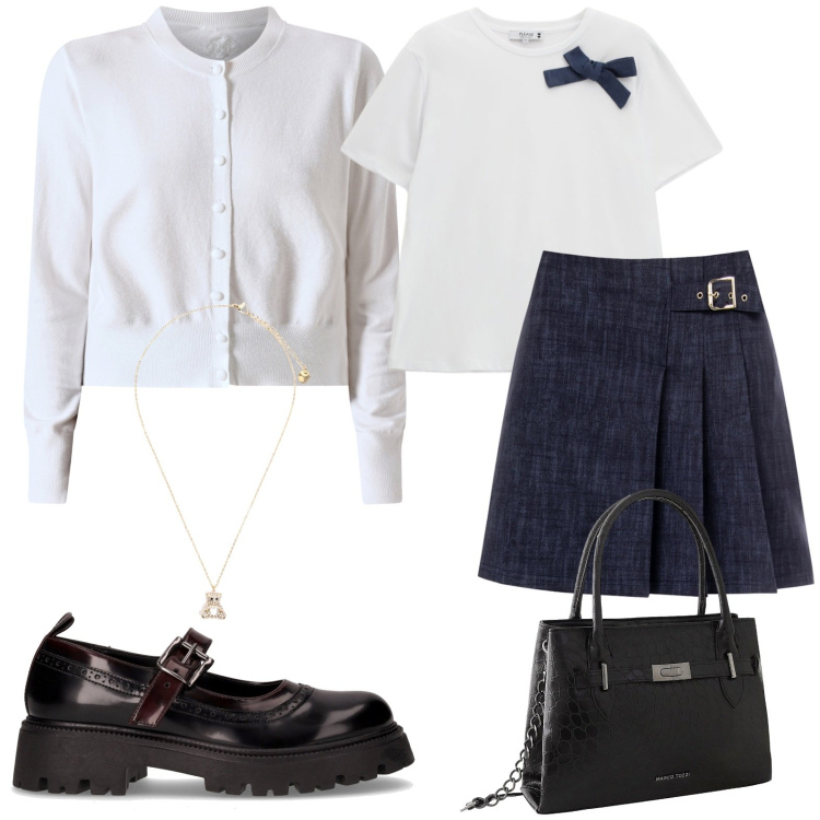 Outfit donna - Bon ton a lezione. Stile Bon Ton per Scuola/Università. Abbinamento con borse a mano, minigonne, cardigans, t-shirt, ciondoli, mocassini.