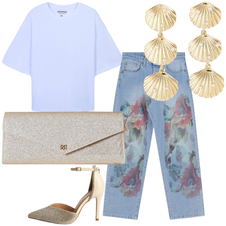 Outfit donna - Fiori e conchiglie aperitivo al mare. Stile Glamour per Serata fuori. Abbinamento con orecchini, décolleté, t-shirt, pochette, jeans dritti.