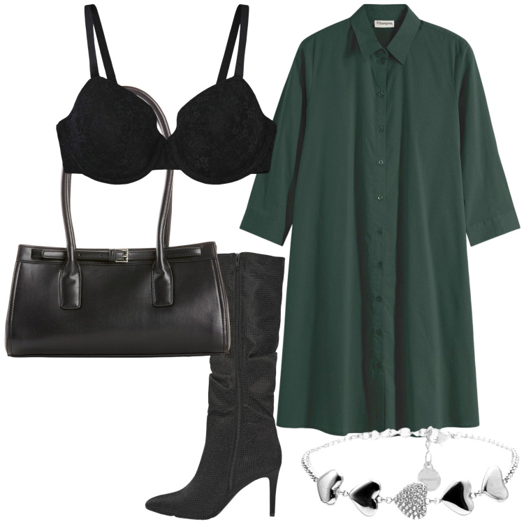 Outfit donna - Stivali stiletto al lavoro. Stile Chic per Ufficio. Abbinamento con vestiti chemisier, borse a mano, reggiseni, stivali, braccialetti.
