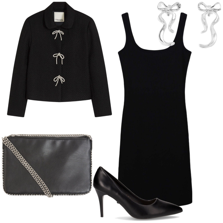 Outfit donna - Fiocchi per la serata. Stile Bon Ton per Serata fuori. Abbinamento con blazer, borse a tracolla, vestiti corti, orecchini, décolleté.