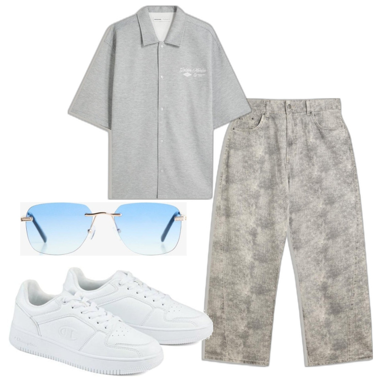 Outfit hombre - Casual look. Estilo Casual para Todos los días. Combinación con sneakers, gafas de sol, pantalones, camisas de manga corta.