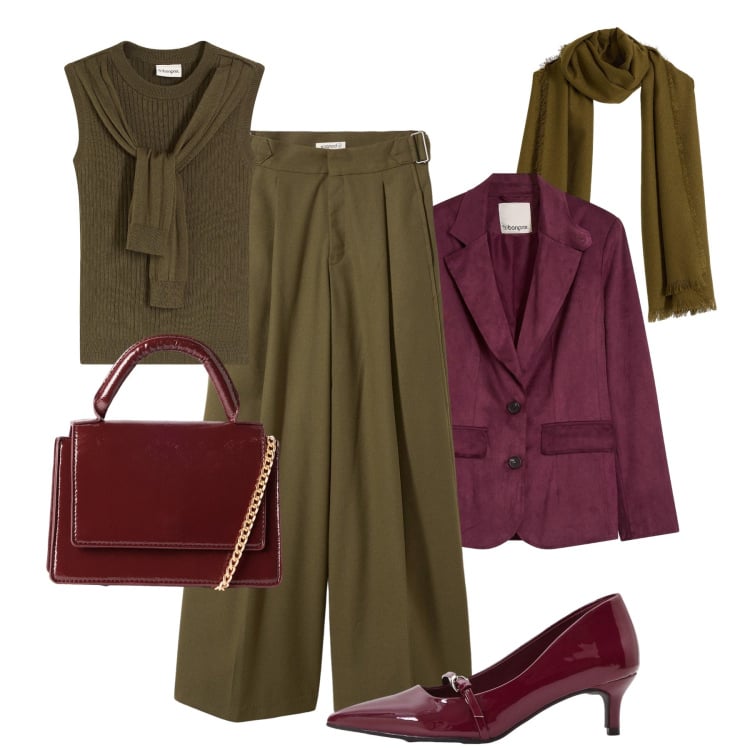 Outfit donna - Eleganza autunnale. Stile Glamour per Ufficio. Abbinamento con pantaloni, sciarpe, maglieria, blazer, décolleté, borse a tracolla.