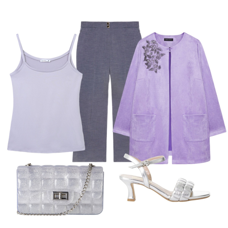 Outfit donna - Il trench lilla. Stile Glamour per Serata fuori. Abbinamento con borse a tracolla, magliette intime, sandali col tacco, trench, pantaloni.