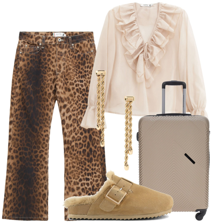 Outfit donna - Please FW25 takes New York. Stile Casual chic per Serata fuori. Abbinamento con camicie, pantaloni, orecchini, valigie, sabot.