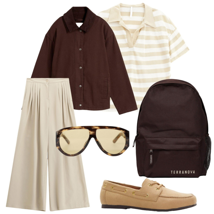 Outfit donna - Autunno caldo. Stile Minimal per Scuola/Università. Abbinamento con mocassini, blazer, zaini, pantaloni a palazzo, occhiali da sole, polo.