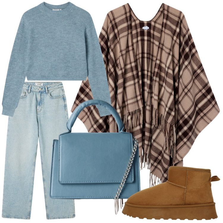 Outfit donna - La mantella autunnale. Stile Minimal per Tutti i giorni. Abbinamento con maglieria, borse a tracolla, cappotti, stivali, jeans.