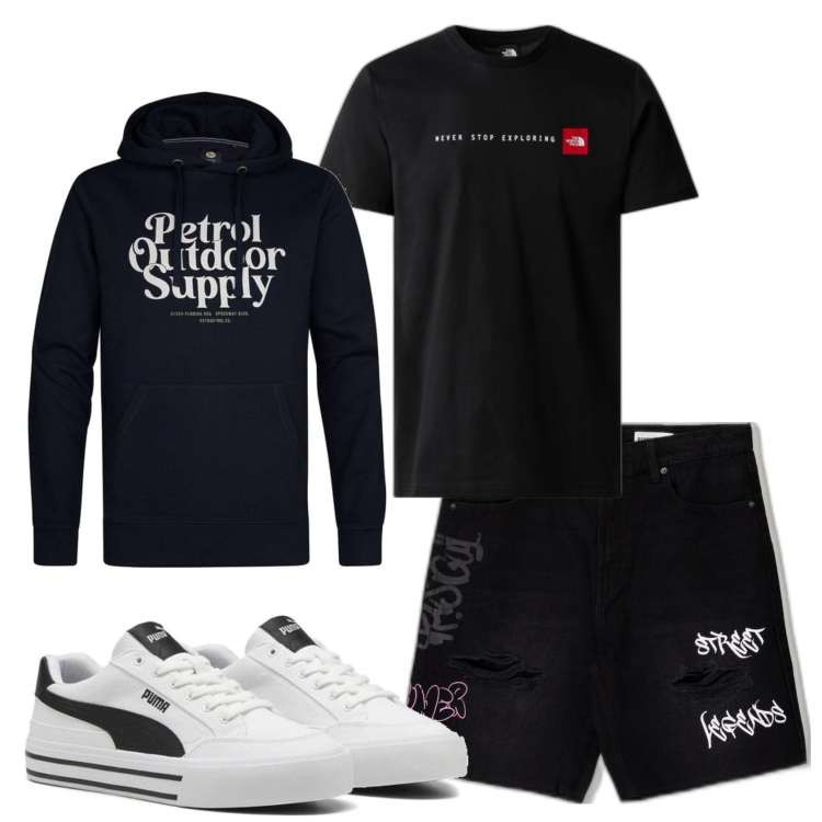 Outfit hombre - Casual look. Estilo Casual para Todos los días. Combinación con sudaderas con capucha, sneakers, bermudas, camiseta.