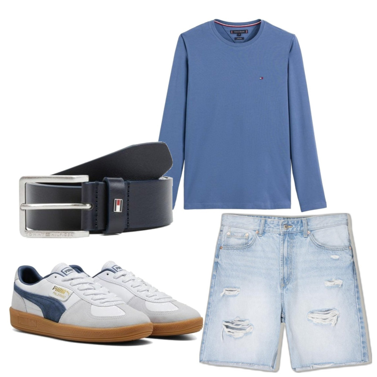 Outfit hombre - Casual look. Estilo Casual para Todos los días. Combinación con bermudas, cinturones, camiseta, sneakers.