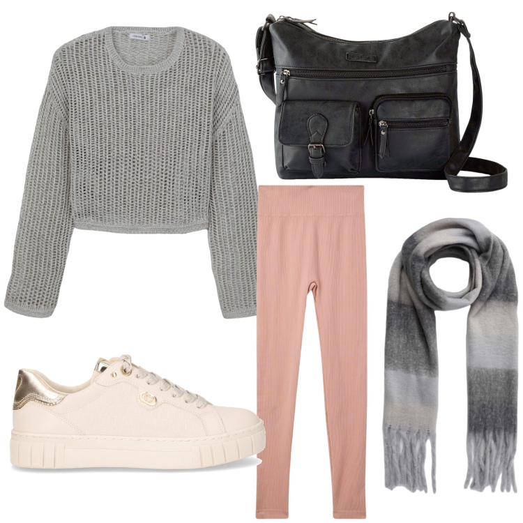 Outfit donna - Outfit comodo. Stile Basic per Tutti i giorni. Abbinamento con borse a tracolla, leggings, maglieria, sciarpe, sneakers.