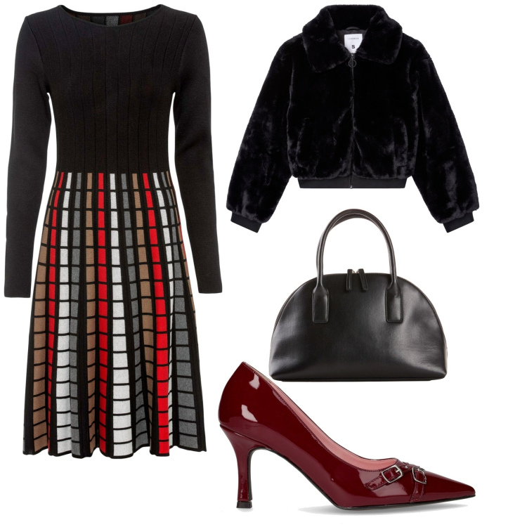 Outfit donna - L\'eco pelliccia Terranova. Stile Chic per Serata fuori. Abbinamento con vestiti, shopping bag, ecopellicce, décolleté.
