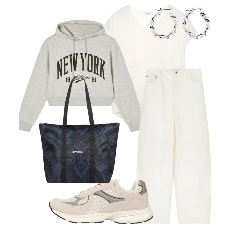 Outfit donna - Porti i bimbi a scuola. per Scuola/Università. Abbinamento con orecchini, felpe con cappuccio, sneakers, jeans, shopping bag, bluse.