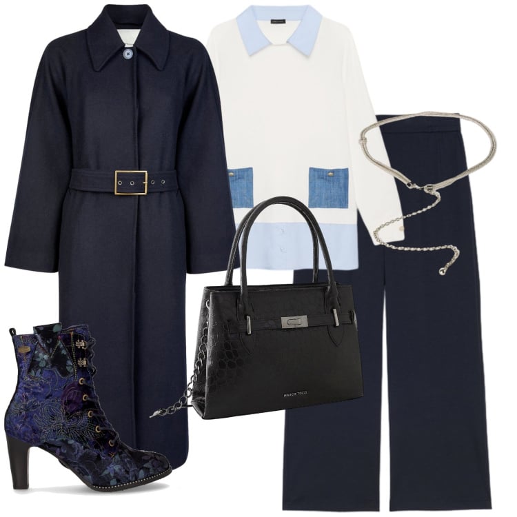 Outfit donna - A lavoro. per Ufficio. Abbinamento con borse a mano, maglieria, pantaloni, cappotti, cinture, stivaletti.