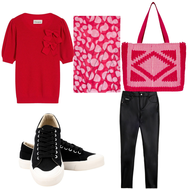 Outfit donna - Colori vivaci in autunno. Stile Casual per Tutti i giorni. Abbinamento con maglieria, pantaloni skinny, sneakers, stole, borse a mano.
