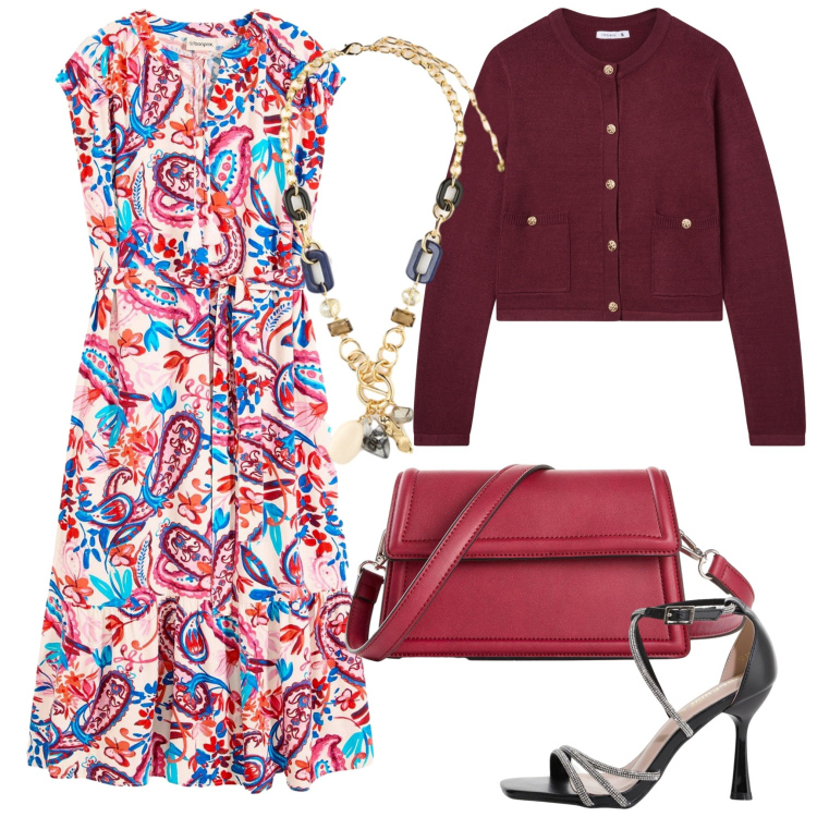 Outfit donna - L\'abito fantasia. Stile Boho per Tutti i giorni. Abbinamento con vestiti chemisier, borse a tracolla, cardigans, sandali col tacco, collane.