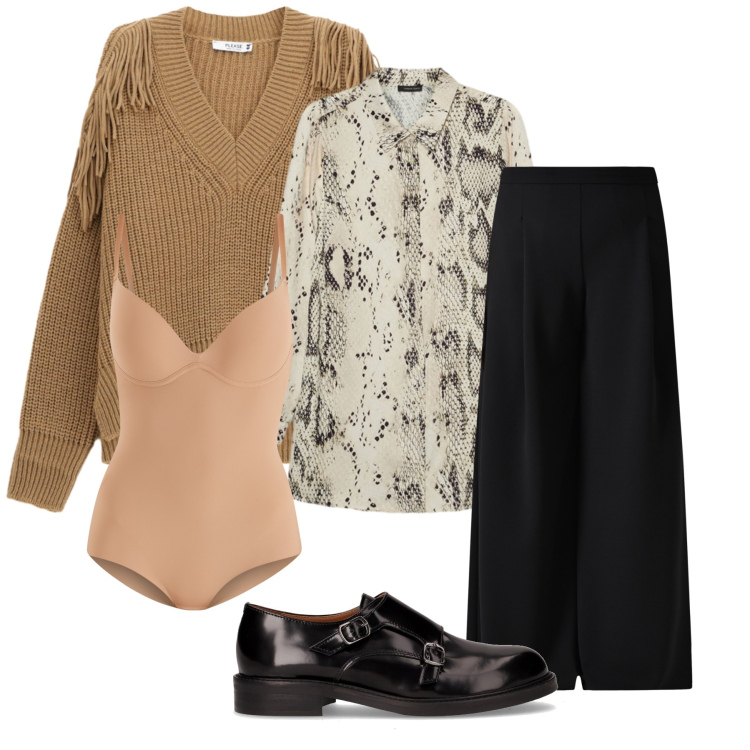 Outfit donna - Total look #2249325. Stile Casual per Tutti i giorni. Abbinamento con body, pantaloni a palazzo, maglieria, mocassini, camicie.