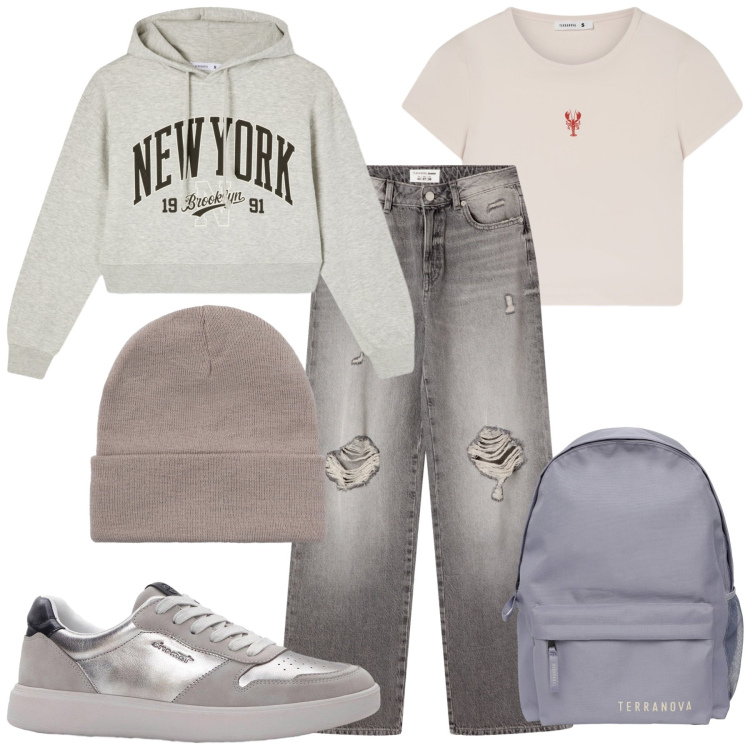Outfit donna - Casual in grigio. Stile Casual per Tutti i giorni. Abbinamento con sneakers, zaini, jeans strappati, felpe con cappuccio, berretti, t-shirt.