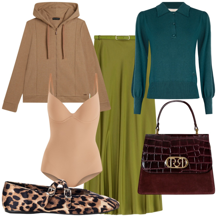 Outfit donna - Gonna lunga verde. Stile Trendy per Tutti i giorni. Abbinamento con body, ballerine, borse a mano, polo, gonne lunghe, felpe con cappuccio.