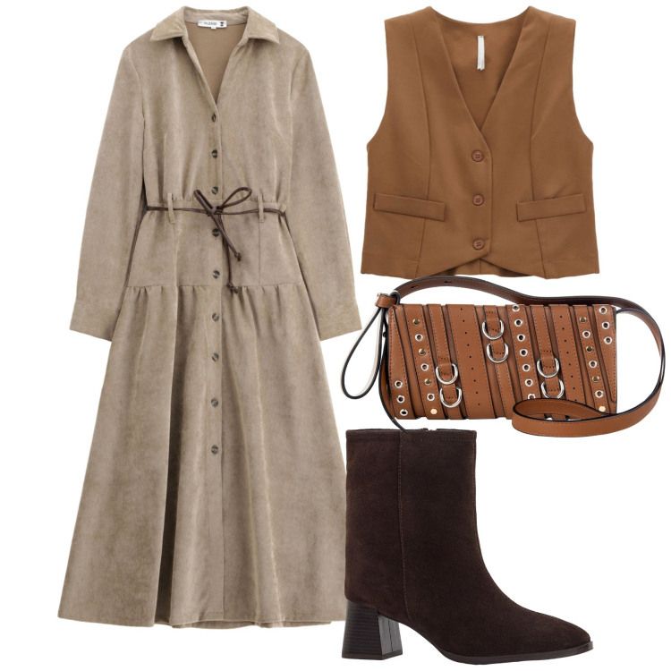 Outfit donna - Chemisier autunnale. Stile Trendy per Ufficio. Abbinamento con stivaletti, borse a spalla, gilet, vestiti lunghi.