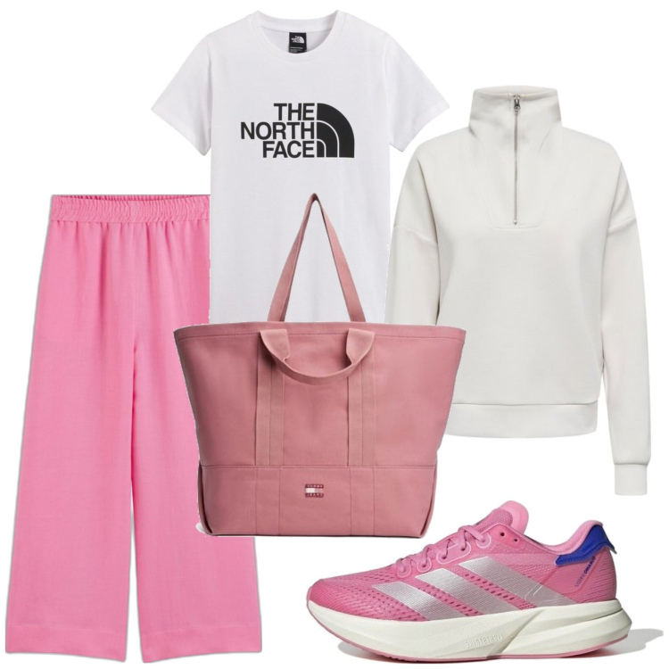 Outfit mujer - Casual look. Estilo Casual para Todos los días. Combinación con bolso tote, sneakers, camiseta, pantalones palazzo, sudaderas.