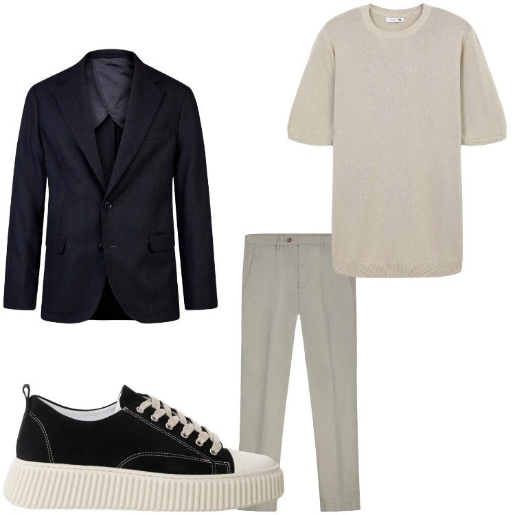 Outfit uomo - Cenetta. Stile Business/Elegante per Serata speciale. Abbinamento con t-shirt, sneakers, giacche, pantaloni chino.