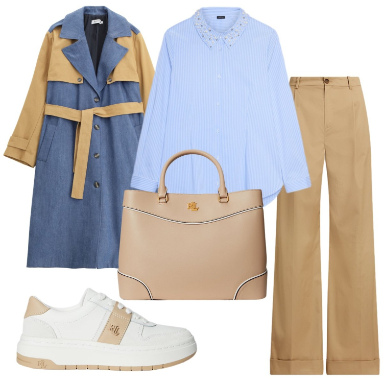 Outfit donna - Il trench bicolor. Stile Casual chic per Ufficio. Abbinamento con trench, borse a mano, pantaloni, sneakers, camicie.