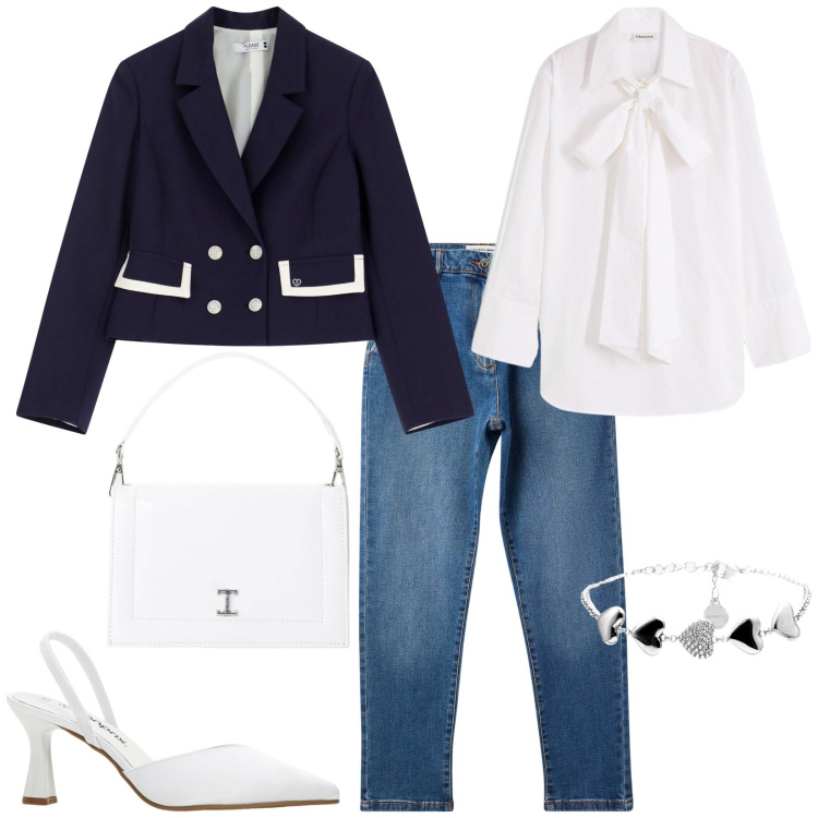 Outfit donna - Total look #2249361. Stile Casual chic per Ufficio. Abbinamento con décolleté, camicie, jeans skinny, blazer, borse a tracolla, braccialetti.