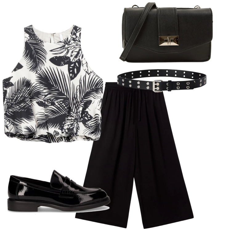 Outfit donna - Un caffè in piazza. Stile Bon Ton per Tutti i giorni. Abbinamento con pantaloni a palazzo, borse a tracolla, cinture, top, mocassini.