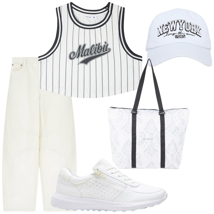 Outfit donna - Sportiva in bianco. Stile Sporty chic per Sport. Abbinamento con sneakers, canottiere, cappelli, jeans, shopping bag.