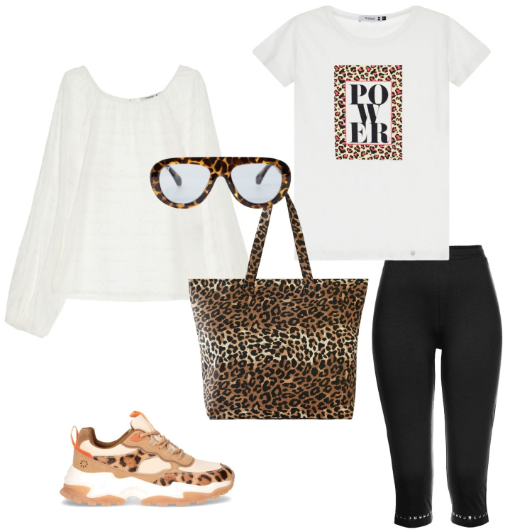 Outfit donna - Sportiva. Stile Sporty chic per Tutti i giorni. Abbinamento con leggings, shopping bag, t-shirt, camicie, occhiali da sole, sneakers alte.