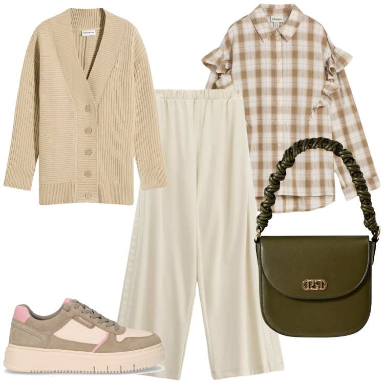 Outfit donna - Autunno. Stile Casual chic per Tutti i giorni. Abbinamento con cardigans, camicie, borse a mano, pantaloni, sneakers.