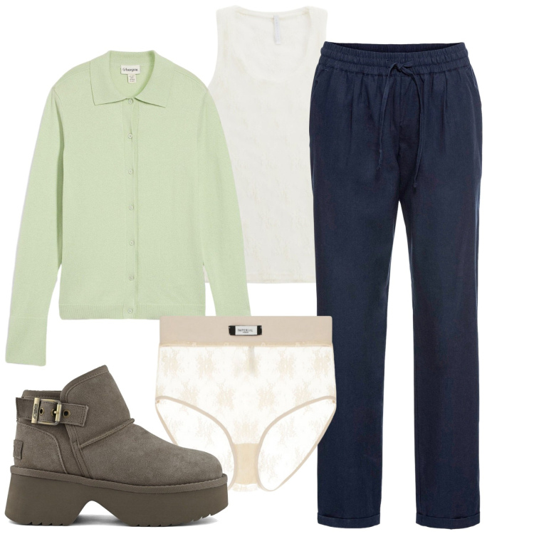 Outfit donna - Autunno. Stile Casual chic per Tutti i giorni. Abbinamento con pantaloni, maglieria, slip, canottiere, stivali.