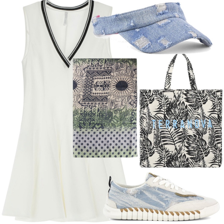 Outfit donna - Tennis style. Stile Sporty chic per Tutti i giorni. Abbinamento con borse tote, vestiti corti, stole, sneakers, cappelli con visiera.
