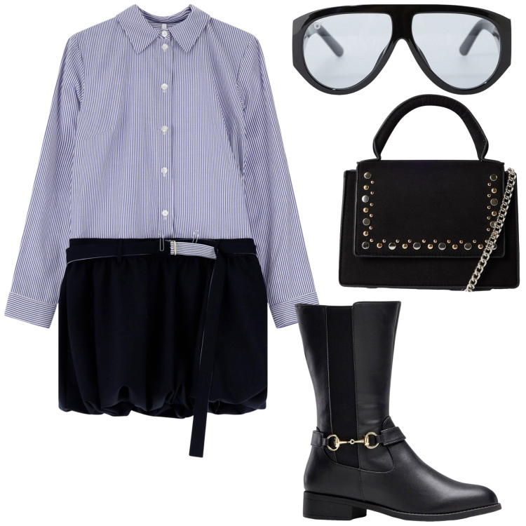 Outfit donna - Autunno. Stile Trendy per Ufficio. Abbinamento con stivali, borse a tracolla, vestiti corti, occhiali da sole.