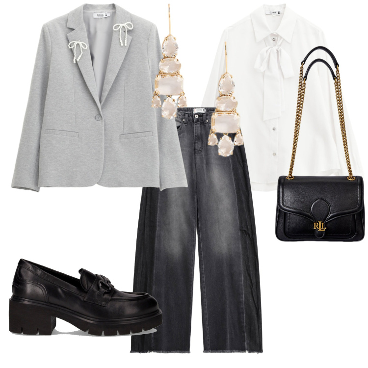 Outfit donna - Please fw 2025. Stile Glamour per Serata fuori. Abbinamento con camicie, jeans, blazer, borse a spalla, orecchini, décolleté.