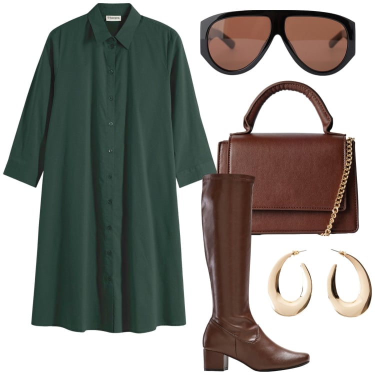 Outfit donna - Autunno. Stile Vintage retrò per Ufficio. Abbinamento con vestiti chemisier, stivali, orecchini, borse a tracolla, occhiali da sole.