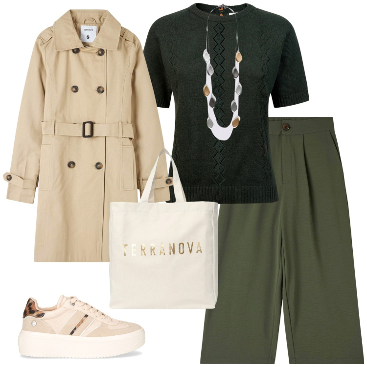 Outfit donna - In città. per Tutti i giorni. Abbinamento con trench, pantaloni a palazzo, borse tote, maglieria, collane, sneakers.