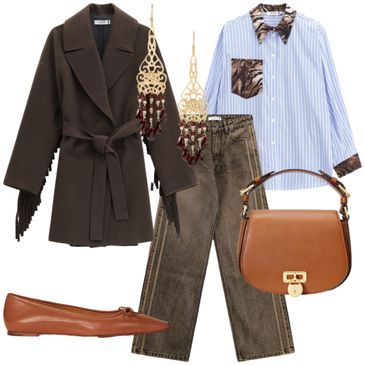 Outfit donna - Please fw 2025. Stile Urban per Tutti i giorni. Abbinamento con camicie, jeans, cappotti, borse a tracolla, ballerine, orecchini.