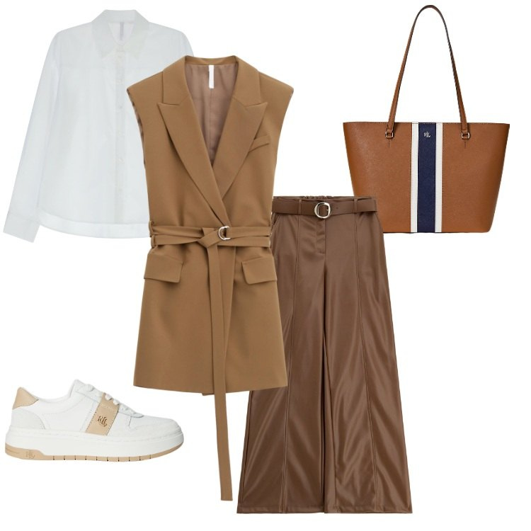Outfit donna - autunno. Stile Casual per Tutti i giorni. Abbinamento con gilet, pantaloni, camicie, borse tote, sneakers.