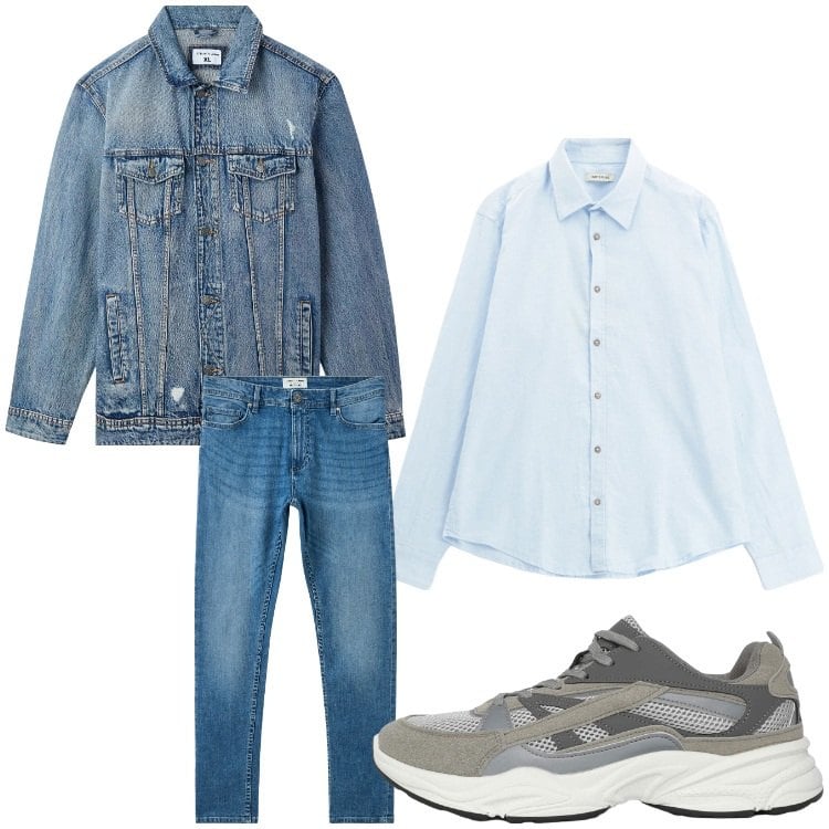 Outfit uomo - A tutto denim. Stile Casual per Tutti i giorni. Abbinamento con jeans skinny, giacche, sneakers, camicie.