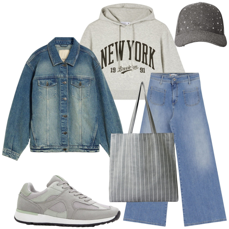 Outfit donna - Il giubbino di jeans. Stile Casual per Scuola/Università. Abbinamento con sneakers, blazer, shopping bag, felpe con cappuccio, cappelli con visiera, jeans.