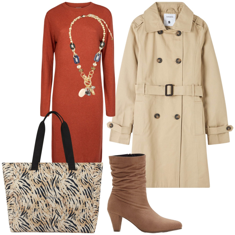 Outfit donna - Classico trench per la giornata. Stile Urban per Tutti i giorni. Abbinamento con stivaletti, trench, shopping bag, vestiti midi/longuette, collane.