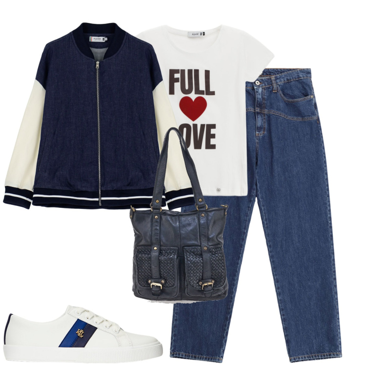 Outfit donna - Please. Stile Urban per Tutti i giorni. Abbinamento con t-shirt, bomber, jeans, sneakers, borse a spalla.