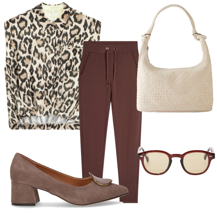 Outfit donna - Serata da amici. Stile Trendy per Tutti i giorni. Abbinamento con shopping bag, camicie, occhiali da sole, pantaloni, décolleté.