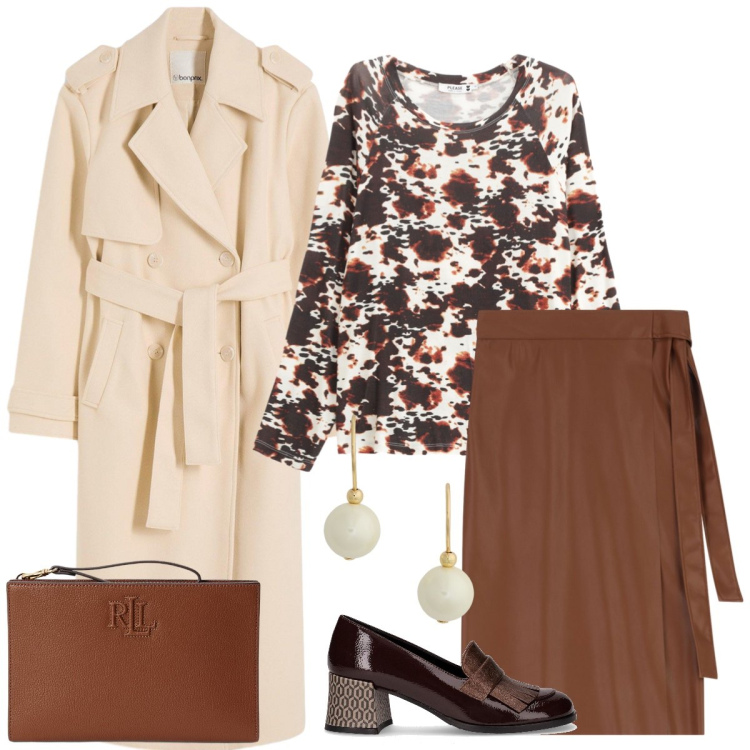 Outfit donna - Total look #2249474. Stile Casual chic per Ufficio. Abbinamento con trench, maglieria, gonne longuette, pochette, orecchini, mocassini.