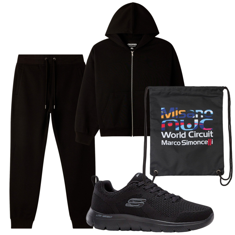 Outfit uomo - Total black. Stile Urban per Sport. Abbinamento con sneakers, borse sportive, pantaloni, felpe con cappuccio.